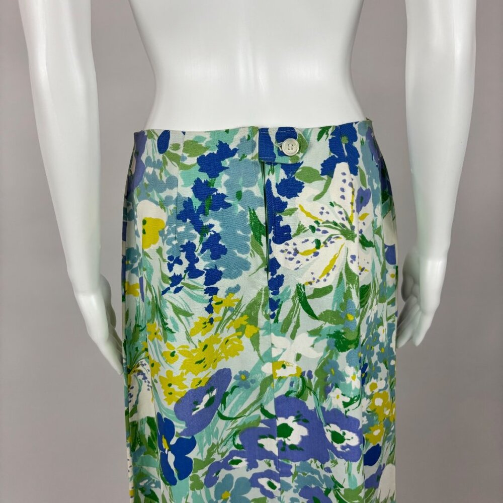 Vintage 70s Midi Skirt Women's Small Large Floral Print Blue Green Susan Bee - Picture 9 of 10